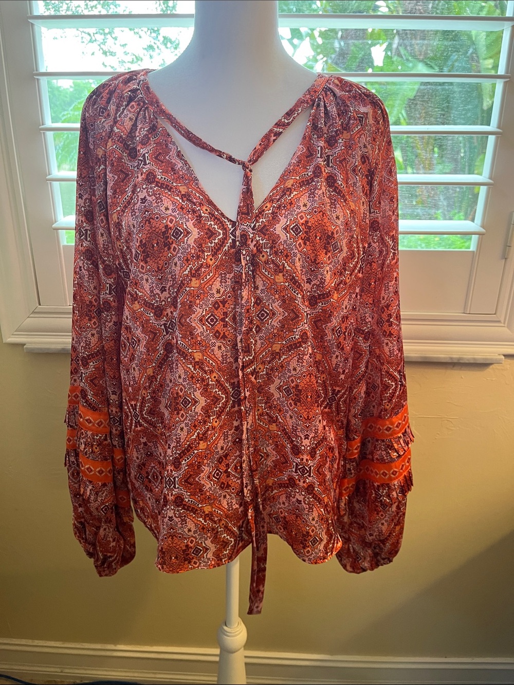 Ramy Brook Rust Paisley Tie-Neck Long Sleeve Blouse